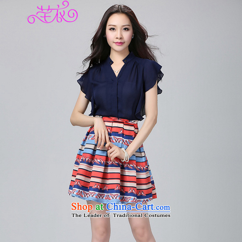 Thick mm summer to increase the number of the new Leisure chiffon suits in the summer of 2015 skirt thick sister stamp puzzle receive waist video thin short-sleeved ladies dress dark blue to large 2XL 140-155 catty