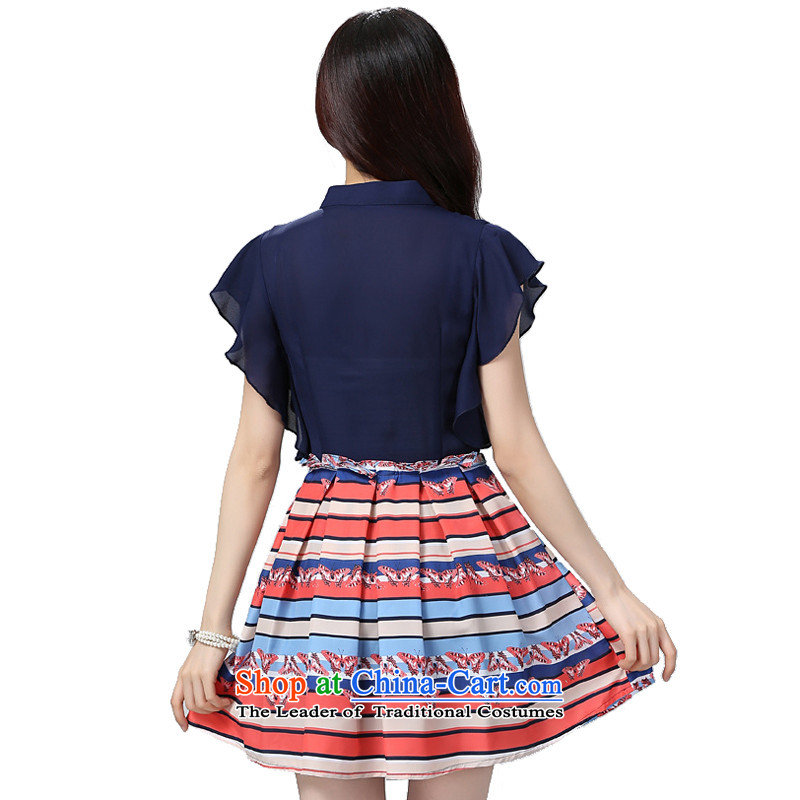 Thick mm summer to increase the number of the new Leisure chiffon suits in the summer of 2015 skirt thick sister stamp puzzle receive waist video thin short-sleeved ladies dress dark blue to large 2XL 140-155, Constitution Yi shopping on the Internet has