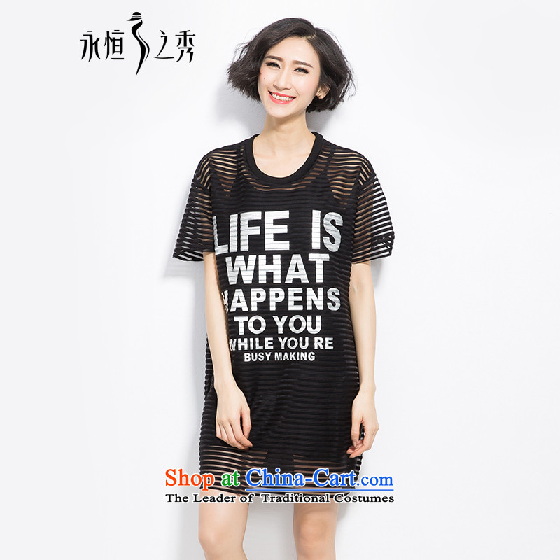 The spring and summer of 2015, the focus of the new Europe and the largest mm Female dress code stylish engraving streaks letters two kits short-sleeved T-shirt Black XL