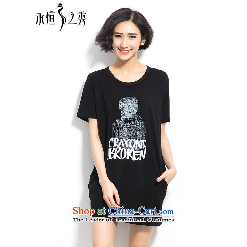 The Eternal-soo to xl t-shirts thick sister 2015 Summer new product expertise, Hin thick mm thin stylish atmosphere letters black t-shirt and stamp skirt 3XL black