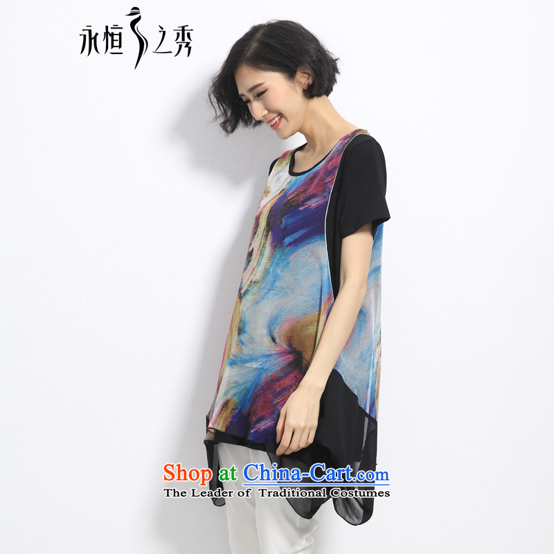 The spring and summer of 2015 mm thick large new women's unique ink painting bleeding split stitching leave two video thin black T-shirt 2XL, eternal Soo , , , shopping on the Internet