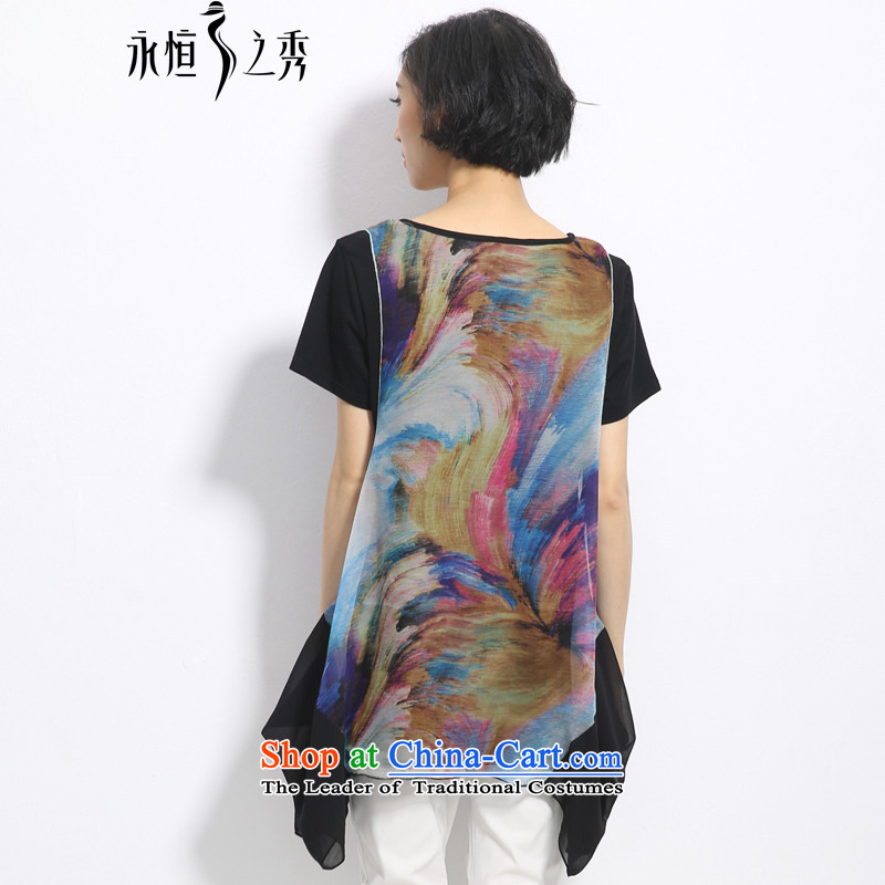 The spring and summer of 2015 mm thick large new women's unique ink painting bleeding split stitching leave two video thin black T-shirt 2XL, eternal Soo , , , shopping on the Internet