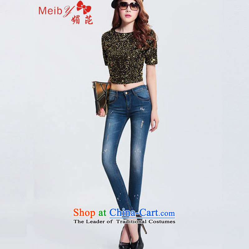 Maximum number of ladies wild Sleek and versatile large summer women's new president jeans female pant lips of the hole in the blue jeans pants 8789 pencil Dark Blue 28