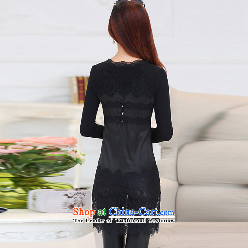 Mr. Qian 2015 autumn and winter large new women's dresses Korean stitching PU Coated shirt graphics plus lint-free in thin long lace shirt, black. XXL, W108 Extremity Chien , , , shopping on the Internet