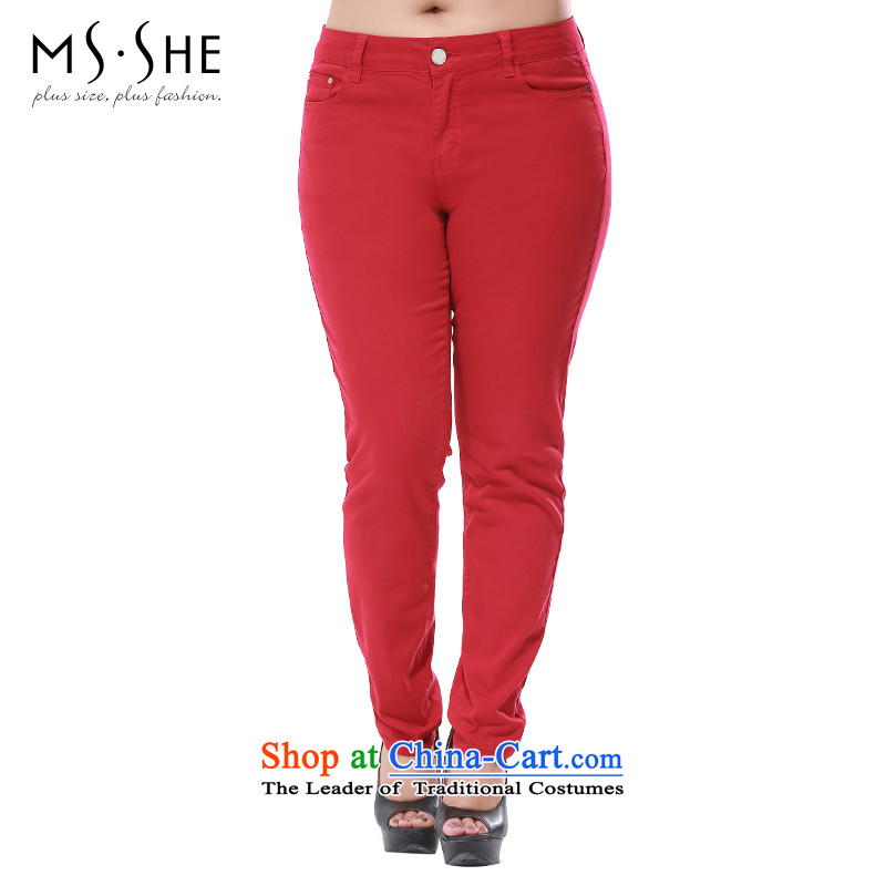 Msshe xl women 2015 new boxed in autumn elastic waist color cowboy pants 40.8 Large red?T4