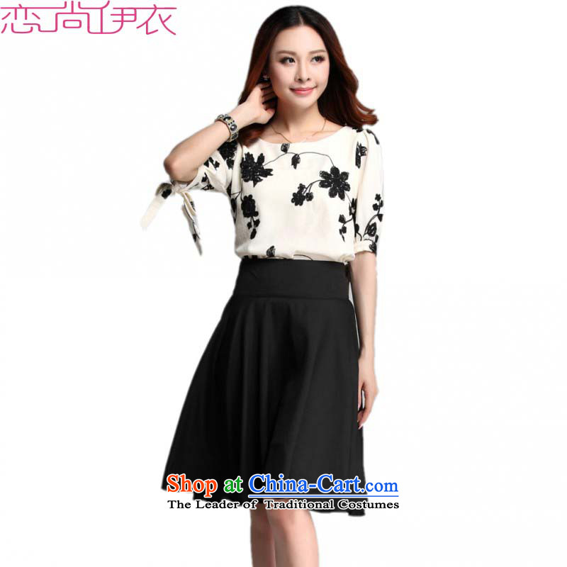 Slim Connie plus hypertrophy code Yi New Summer 2015 Korean large fifth cuff round-neck collar embroidered dress really two kits of the body in the skirt-sleeved T-shirt and black shirt skirt kit 2 feet 3 XL waist slim Connie shopping on the Internet has
