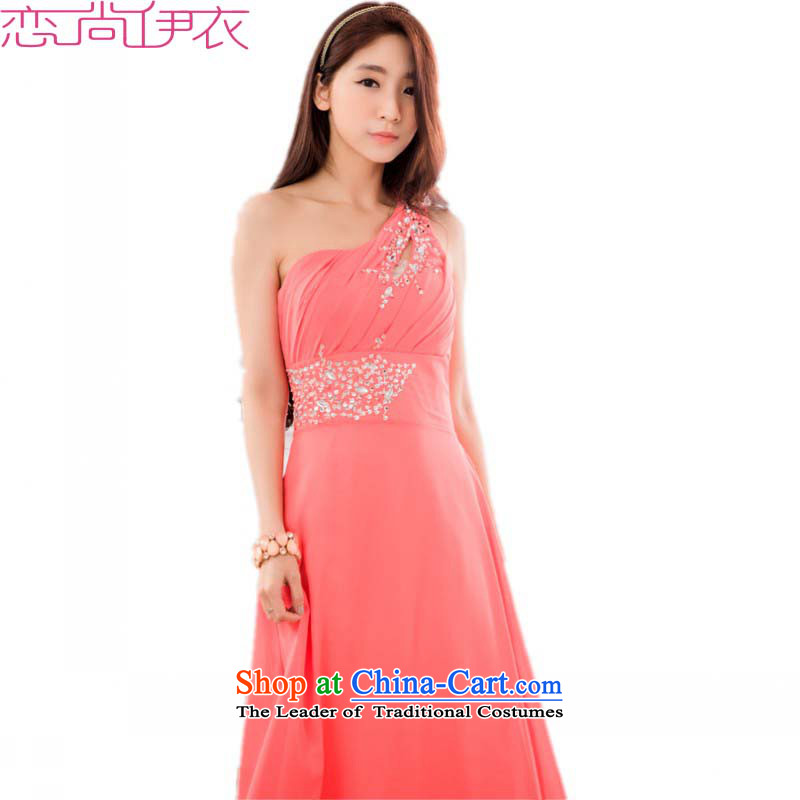 C.o.d. 2015 new summer large banquet, stylish shoulder nails dress pearl chiffon long evening dresses Beveled Shoulder long skirt mm Thick OrangeXLapproximately 120-140 catty