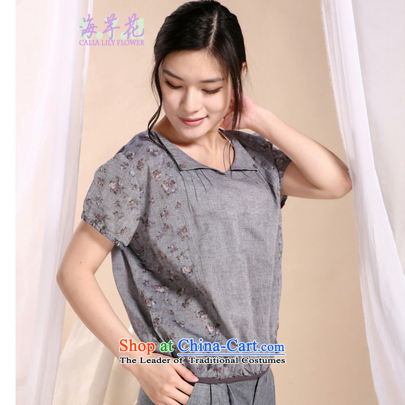 The sea route to spend the new pure cotton stamp stitching large round-neck collar half sleeve shirts 5JFS edge of gray XL
