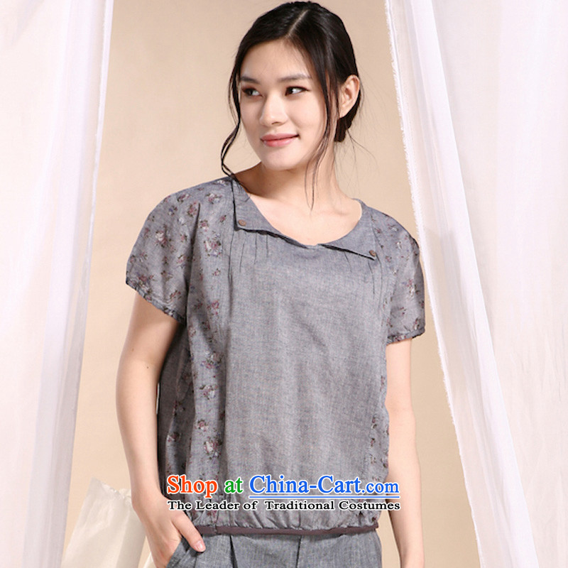 The sea route to spend the new pure cotton stamp stitching large round-neck collar half sleeve shirts 5JFS edge of gray line has been pressed flowers XL, sea shopping on the Internet
