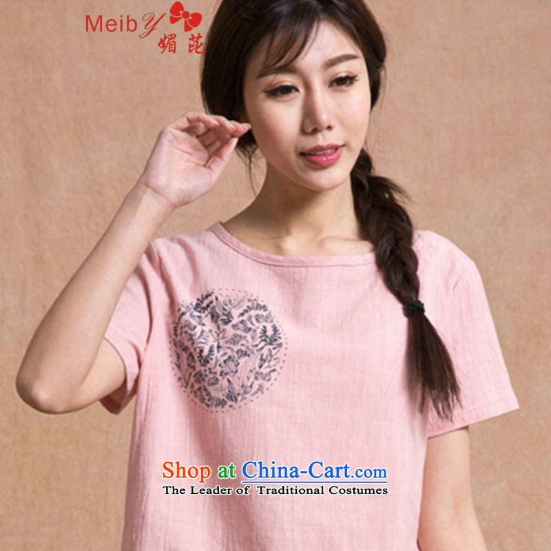 Large meiby female wild Sleek and versatile large summer new sum of linen shirt relaxd female larger shirt short-sleeved T-shirt  , L, of 201 Pink (meiby) , , , shopping on the Internet