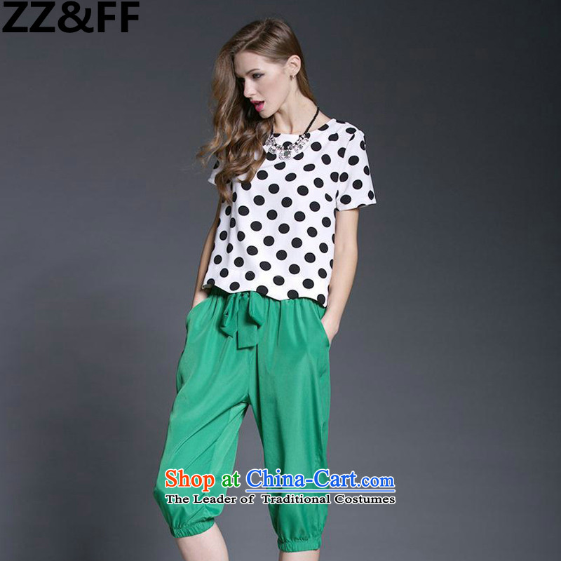 2015 European and American large Zz&ff Women's Summer Fat MM new retro dot chiffon shirt Harun Capri two kits two kits picture color XXXXXL,ZZ&FF,,, shopping on the Internet