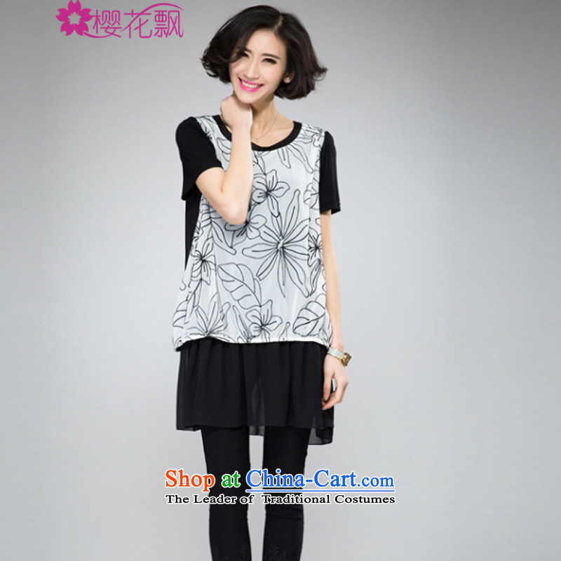 Cherry blossoms drift thick mm heavy Code women's dresses 2015 Spring/Summer new people of the video thin thick western chiffon flowers computer embroidery leave two T-shirts dress with cherry blossoms drift (yinghuapiao XL,....) shopping on the Internet