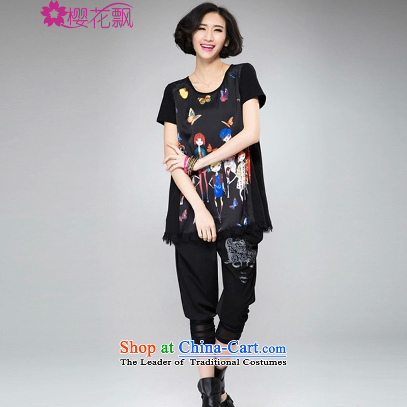 Cherry blossoms floating in the spring and summer of 2015 mm thick large new women's stylish digital stamp short-sleeved T-shirt loose video thin coat B2052 Black Cherry blossoms drift (yinghuapiao XXXXL,) , , , shopping on the Internet