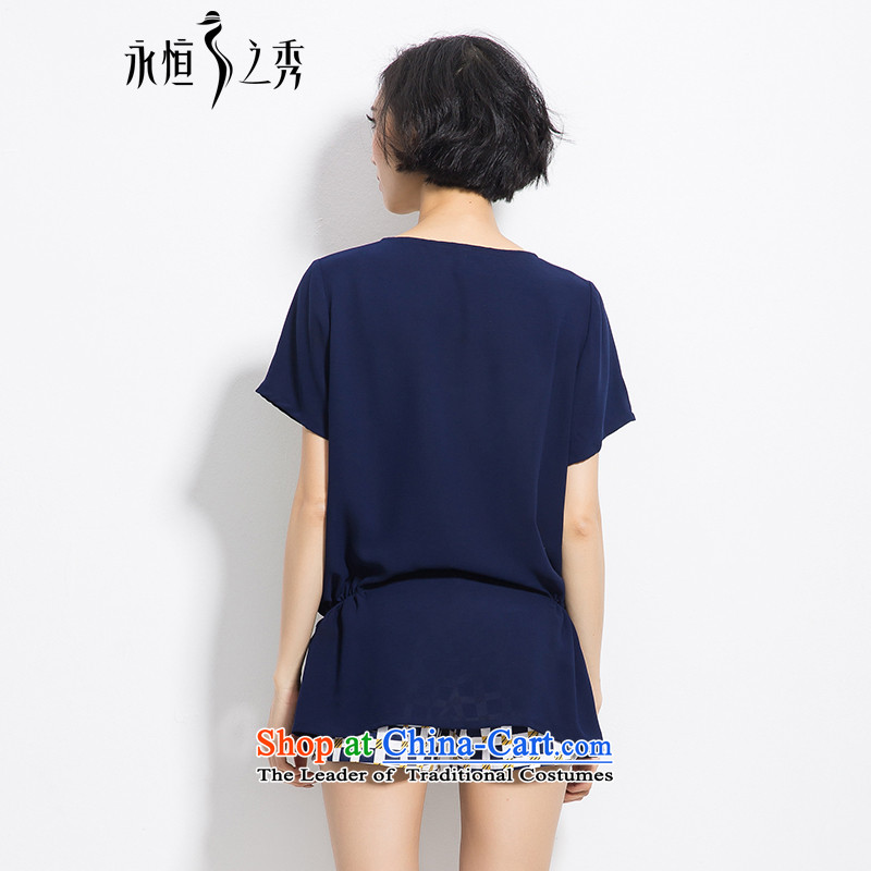 Summer 2015 mm thick new Korean version of large numbers of ladies irregular bar collage atmospheric letters short-sleeved T-shirt color navy 4XL, eternal Soo , , , shopping on the Internet