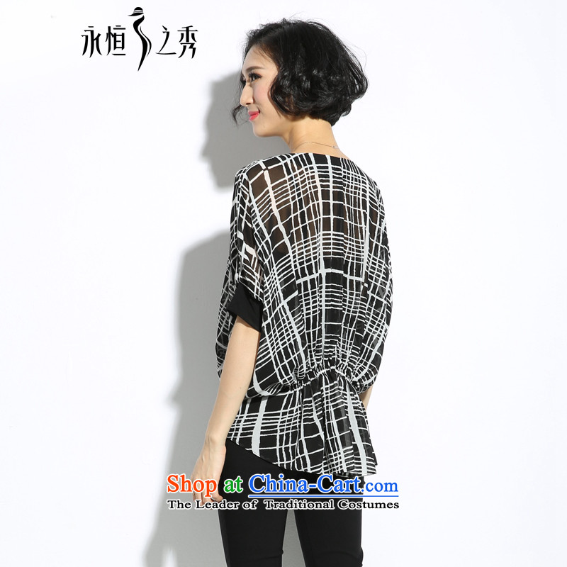 The Eternal Yuexiu Code women thick mm summer new products chiffon shirt thick sister thick, Hin thin, Korea Version V-neck in the black-and-white Plaid Print Foutune of loose t-shirt black 3XL, eternal Soo , , , shopping on the Internet