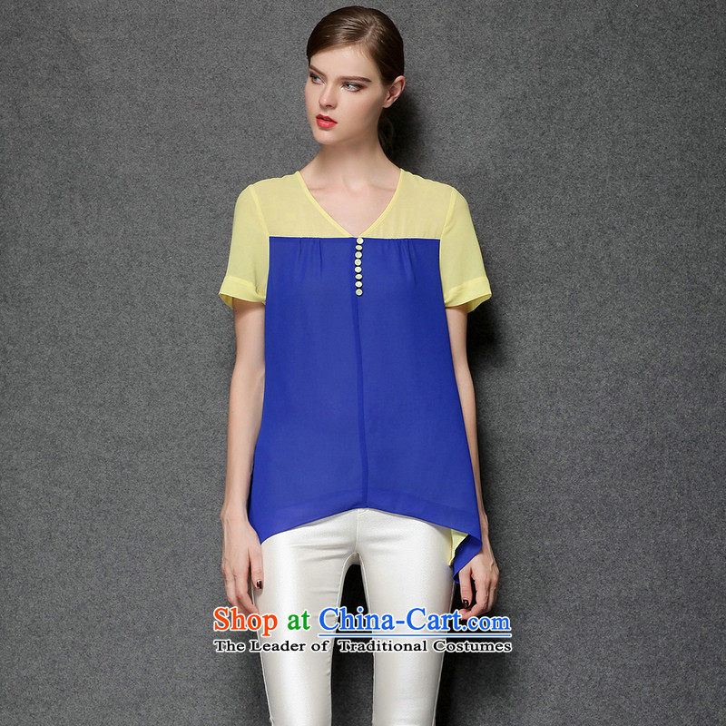 The Europe and the 2015 Summer Dream Connie new larger female thick mm stylish and simple knocked loose stitching color short-sleeved T-shirt female chiffon y3396 XXXL, blue T-shirt, Connie Dream , , , shopping on the Internet