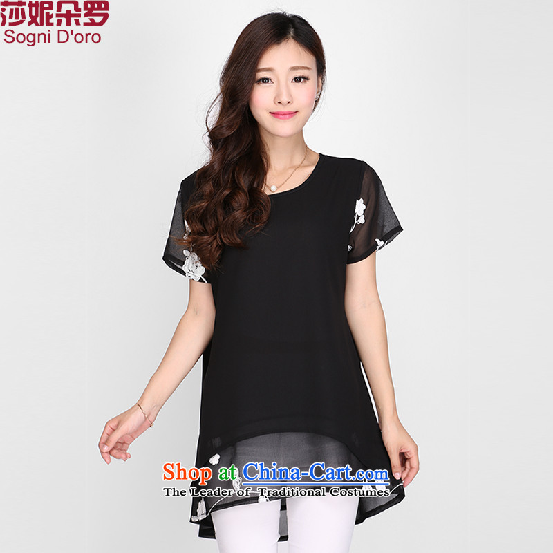 Luo Shani flower code T-shirts female relaxd new fat mm 2015 Summer chiffon shirt 2120 Black4XL