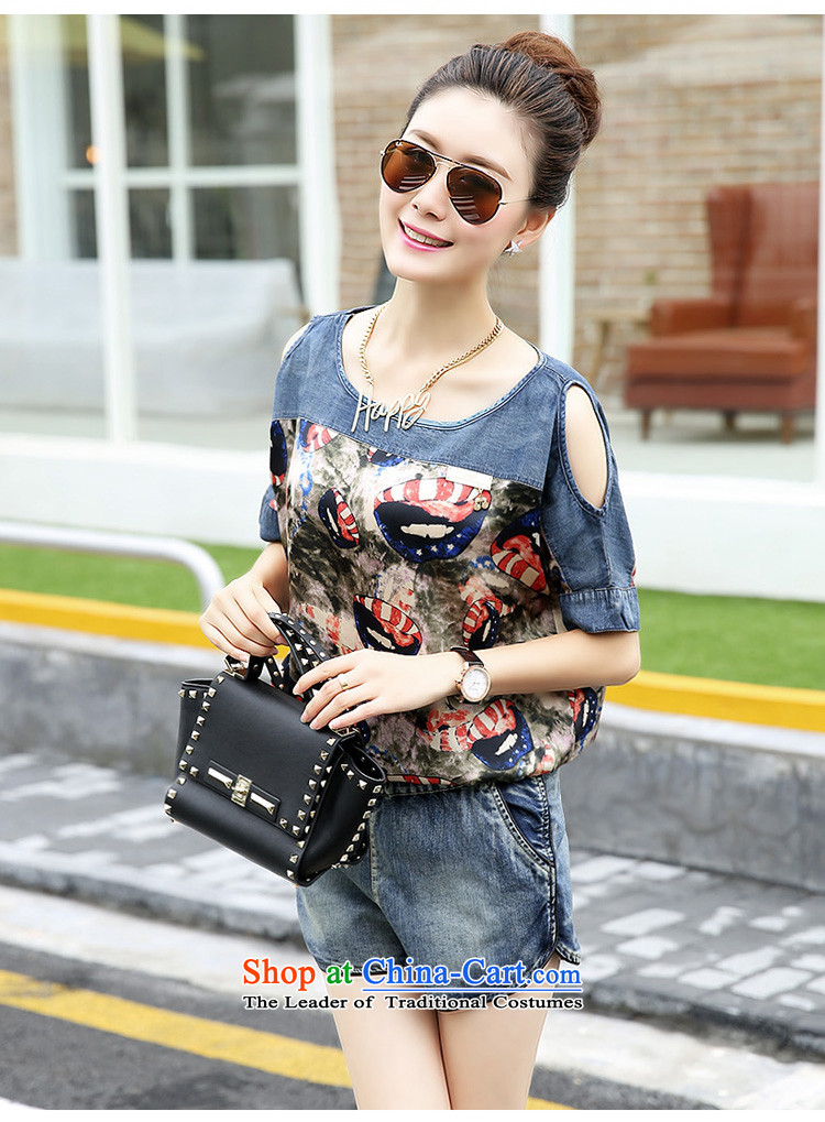 Schui Sze Trend Korean large relaxd chiffon stitching cowboy kit female bare shoulders, T-shirt pants and casual two kits street non-mainstream personalized picture color clothes summer sweet XL Photo, prices, brand platters! The elections are supplied in the national character of distribution, so action, buy now enjoy more preferential! As soon as possible.
