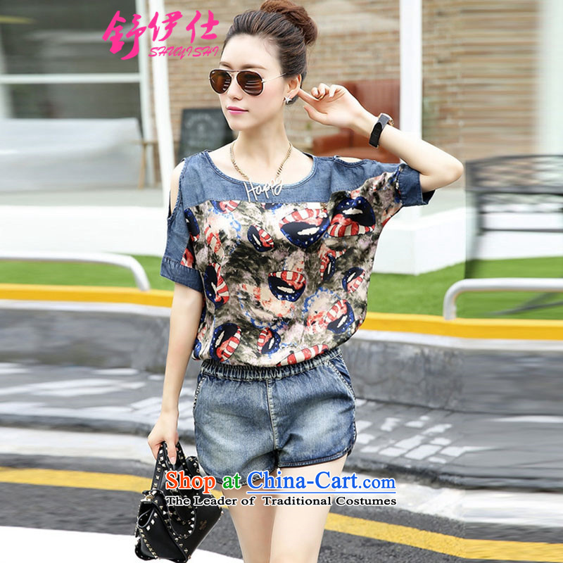 Schui Sze Trend Korean large relaxd chiffon stitching cowboy kit female bare shoulders, T-shirt pants and casual two kits street non-mainstream personalized picture color clothes summer sweet XL, see (shuyishi schui) , , , shopping on the Internet