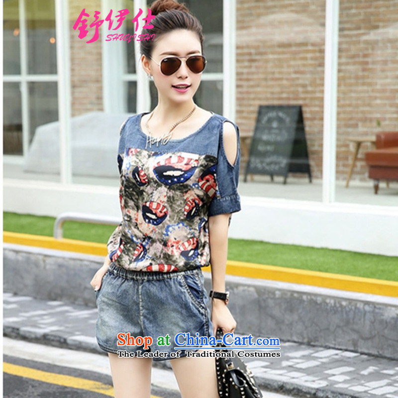Schui Sze Trend Korean large relaxd chiffon stitching cowboy kit female bare shoulders, T-shirt pants and casual two kits street non-mainstream personalized picture color clothes summer sweet XL, see (shuyishi schui) , , , shopping on the Internet