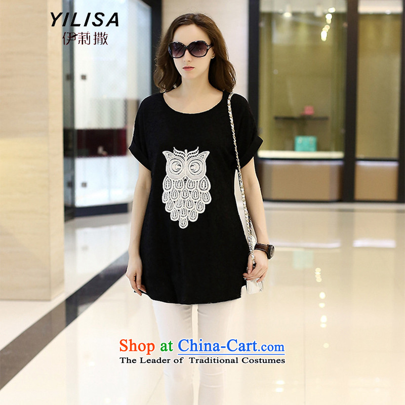 Large European and American women YILISA2015 summer load new t-shirt thick mm summer large stylish graphics thin lace engraving Y9090 T-shirt, blue 5XL, Elizabeth (YILISA sub-shopping on the Internet has been pressed.)