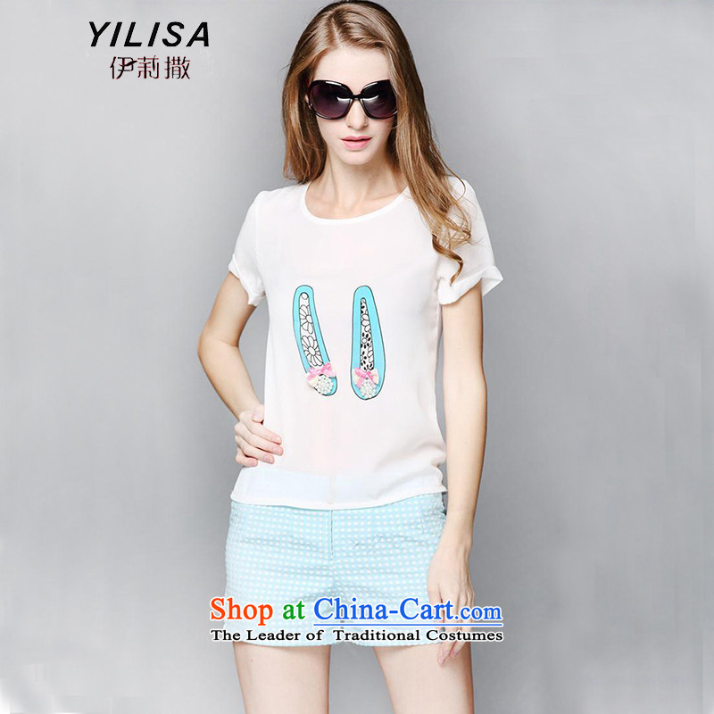 Yilisa xl Women's Summer t-shirts shorts kit fat mm summer Korean minimalist graphics thin cotton shorts, short-sleeved T-shirt kit Y90915XL color picture