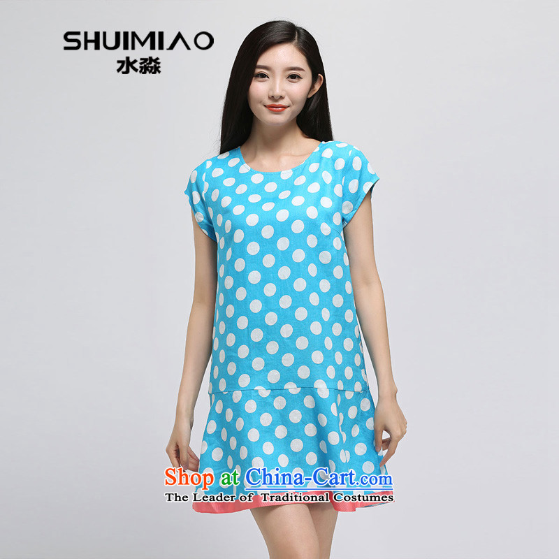 The representative of the water in the summer of 2015, the major new code women thick mm linen cotton linen dresses short-sleeved blue whitepoint S15XY4945 femaleL