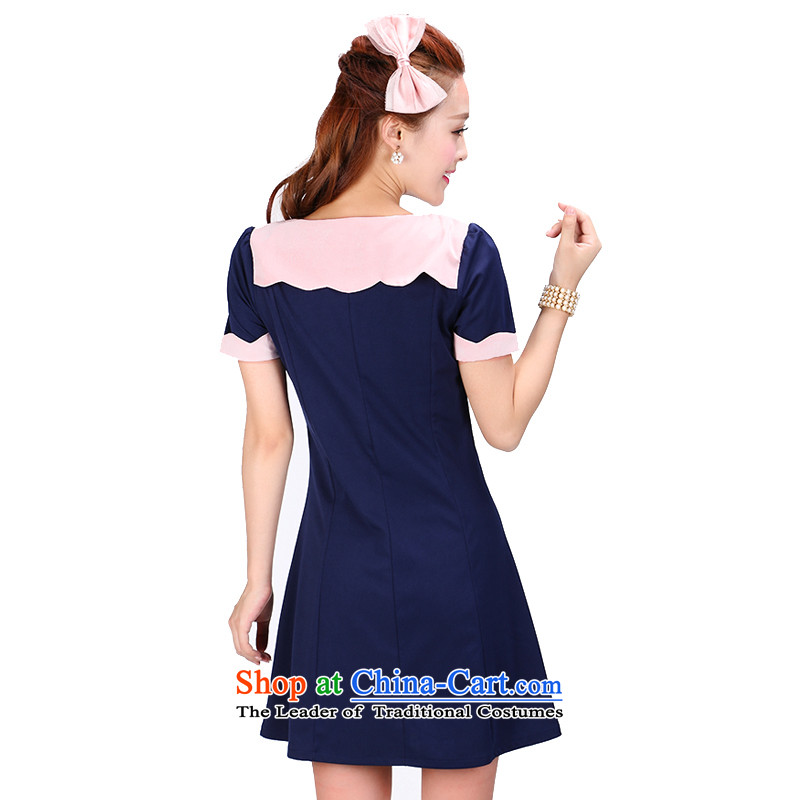 Luo Shani flower code women thick mm2015 summer New Solid Color round-neck collar short-sleeved splice video dresses 6776 Thin Dark Blue 5XL, shani flower sogni (D'oro) , , , shopping on the Internet