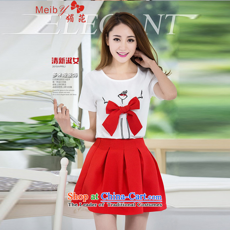 Sleek and versatile large meiby code spring and summer new women's short-sleeve kit Bow Tie Korean chiffon skirts dresses chiffon Netherlands 045 red XL