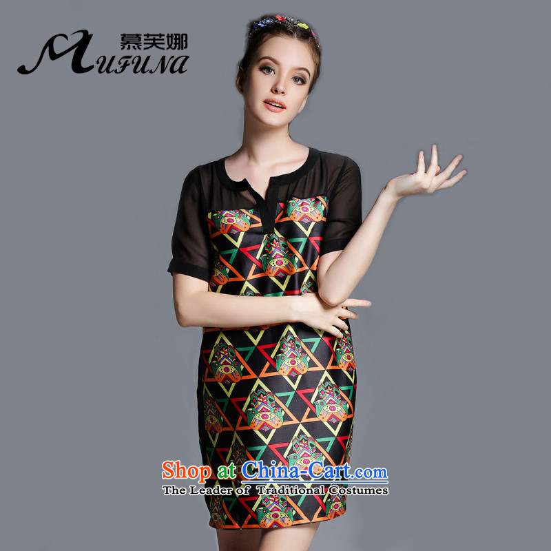 Improving access of 2015 Summer new thick mm heavy code women who thick retro stamp stitching straight short-sleeved sexy Snow V-Neck woven dresses?1882?picture color large code XL
