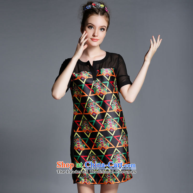 Improving access of 2015 Summer new thick mm heavy code women who thick retro stamp stitching straight short-sleeved sexy Snow V-Neck woven dresses 1882 picture color large code XL, improving access (MUFUNA) , , , shopping on the Internet