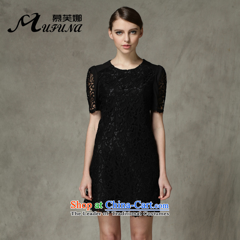 Improving access three big code women 2015 Summer new fat mm black lace solid color stitching engraving short-sleeved round-neck collar dresses 1315 Black L