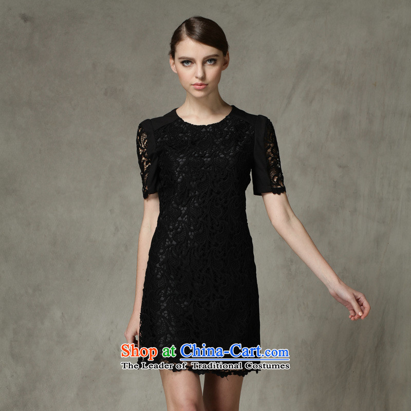 Improving access three big code women 2015 Summer new fat mm black lace solid color stitching engraving short-sleeved round-neck collar dresses 1315 Black , L, improving access (MUFUNA) , , , shopping on the Internet