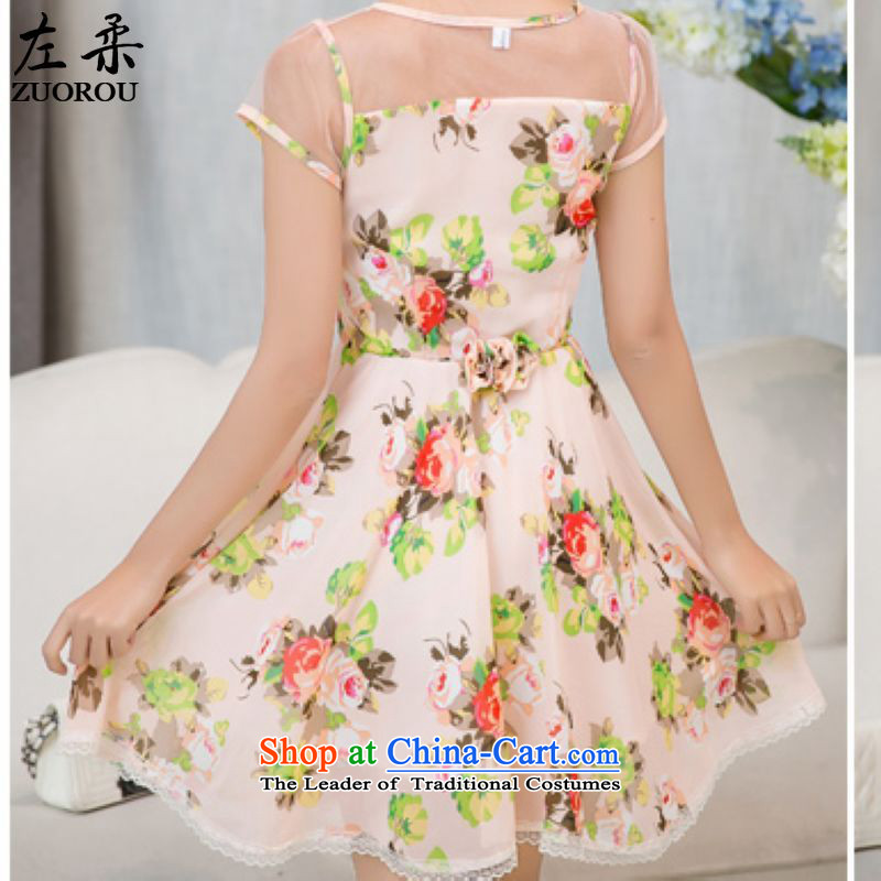 Left soft    2015 Summer for women Ruili quality stamp stitching short-sleeved temperament Mrs Girls High waist Video A thin pink dresses , left soft , , , shopping on the Internet