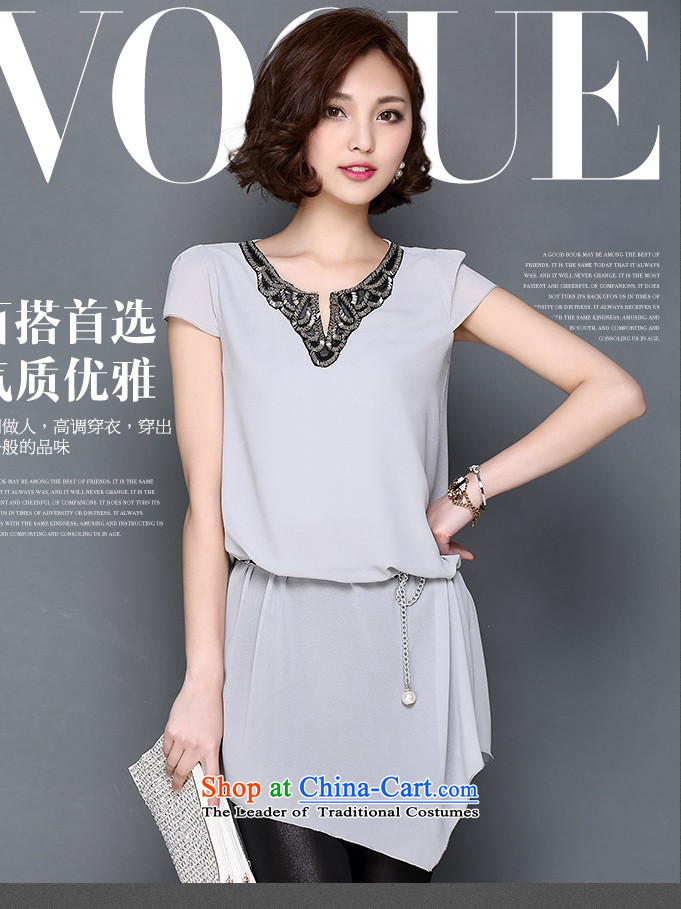 Sleek and versatile large meiby code summer female new V-neck in Sau San embroidery long loose large short-sleeved T-shirt chiffon 1520 gray M picture, prices, brand platters! The elections are supplied in the national character of distribution, so action, buy now enjoy more preferential! As soon as possible.