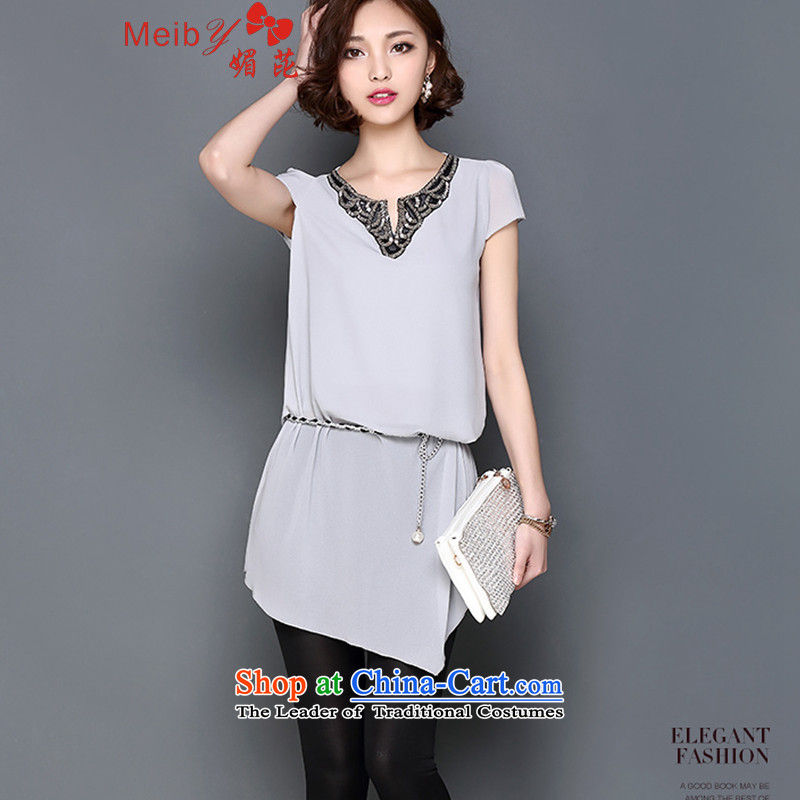 Sleek and versatile large meiby code summer female new V-neck in Sau San embroidery long loose large short-sleeved T-shirt chiffon 1520 M of gray (meiby) , , , shopping on the Internet