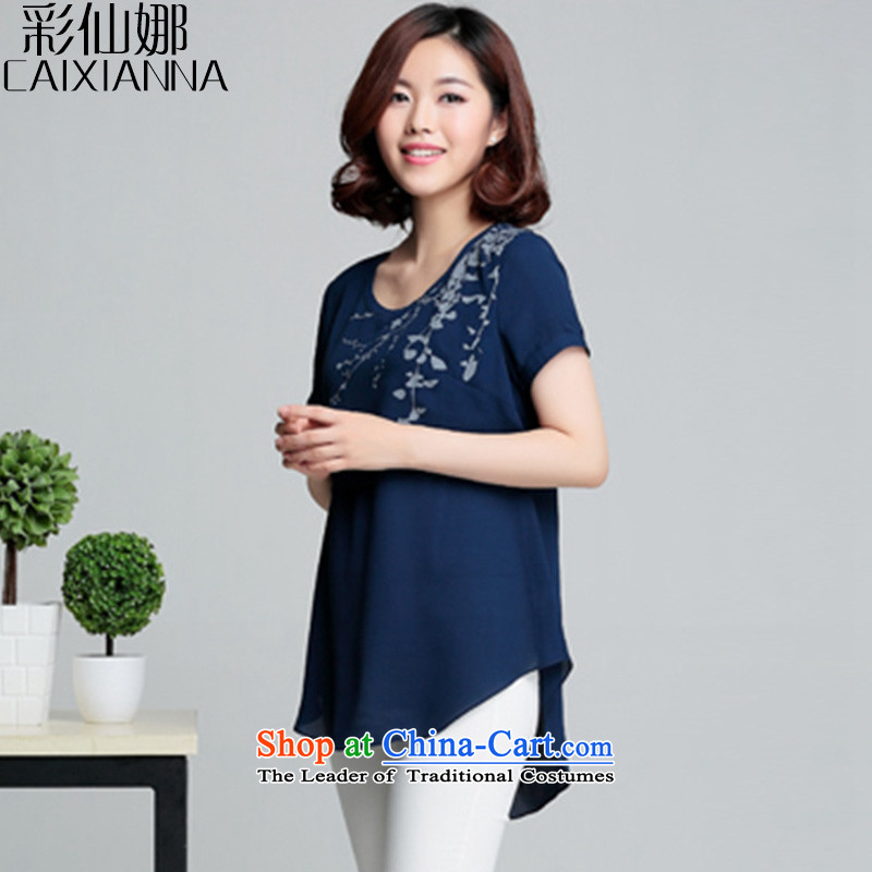 Also the 2015 Summer sin new Korean version is smart casual relaxd stamp chiffon shirt female summer short-sleeved navy M color-na (CAIXIANNA cents) , , , shopping on the Internet