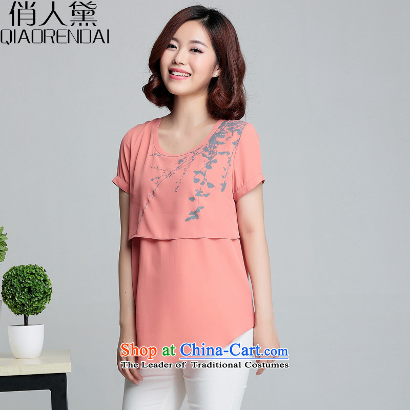 For the people by 2015 a new summer of Doi Korean female large short-sleeved shirt loose stamp chiffon female rubber red XXL