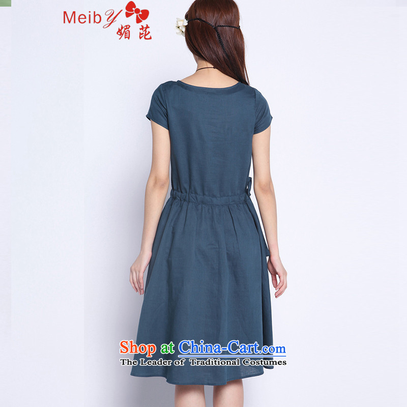 Sleek and versatile large meiby code of ethnic cultural new large relaxd graphics thin women short-sleeved linen cotton linen dresses  5250  L, of the deep blue (meiby) , , , shopping on the Internet