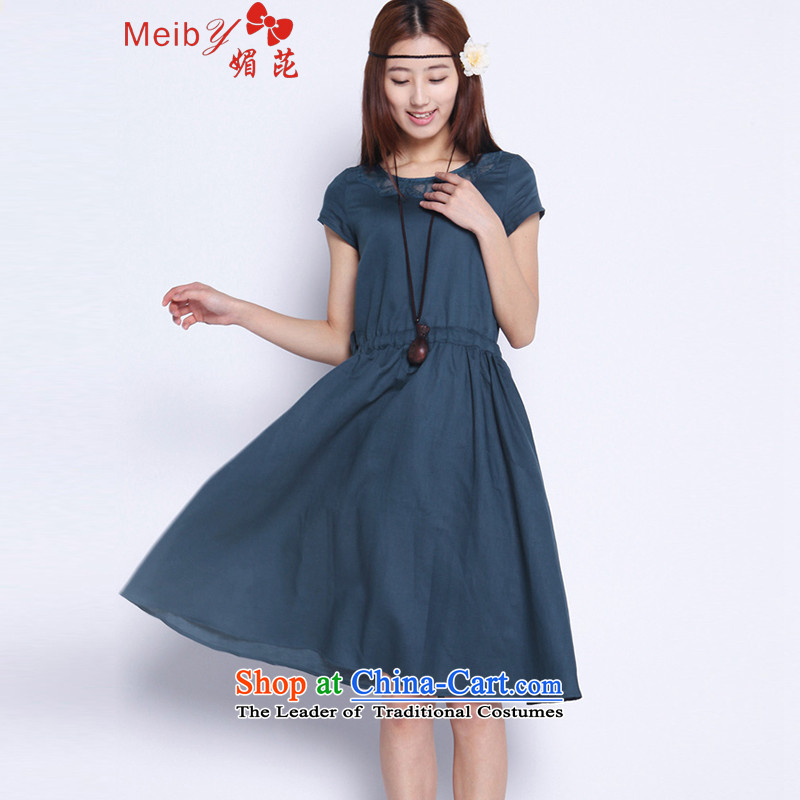 Sleek and versatile large meiby code of ethnic cultural new large relaxd graphics thin women short-sleeved linen cotton linen dresses  5250  L, of the deep blue (meiby) , , , shopping on the Internet