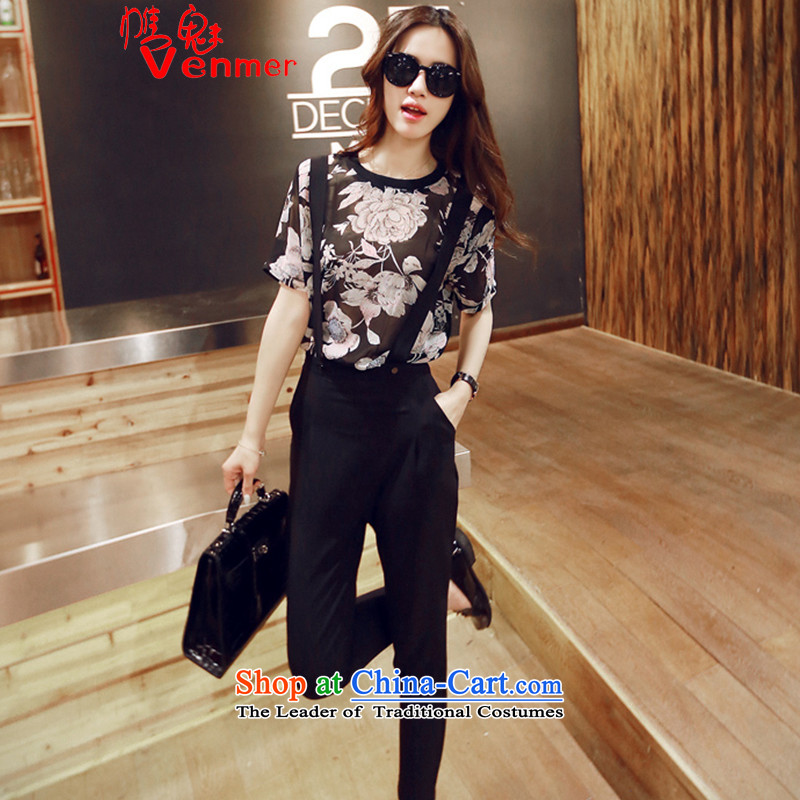 Sleek and versatile large meiby code spring and summer new Western Wind stamp chiffon shirt + Video thin strap casual pants Black XL, of 6 306 OCS (meiby) , , , shopping on the Internet