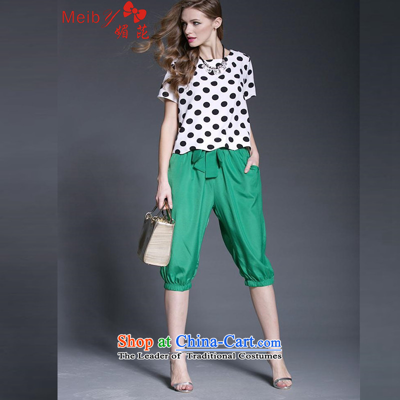 Large meiby Women's Summer Fat MM new retro dot chiffon shirt Harun Capri two kits 9052 color pictures of the SPOT XL, (meiby) , , , shopping on the Internet