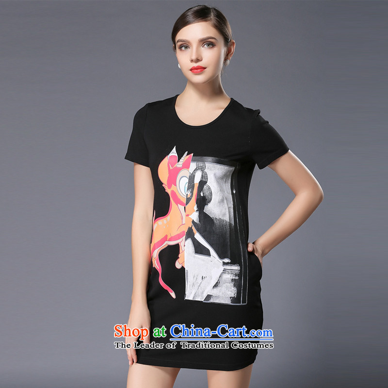 Improving access of 2015 Summer new mm thick larger female popular cartoon character stamp short-sleeved round-neck collar dresses 3362 Black - Sorok XL, improving access (MUFUNA) , , , shopping on the Internet