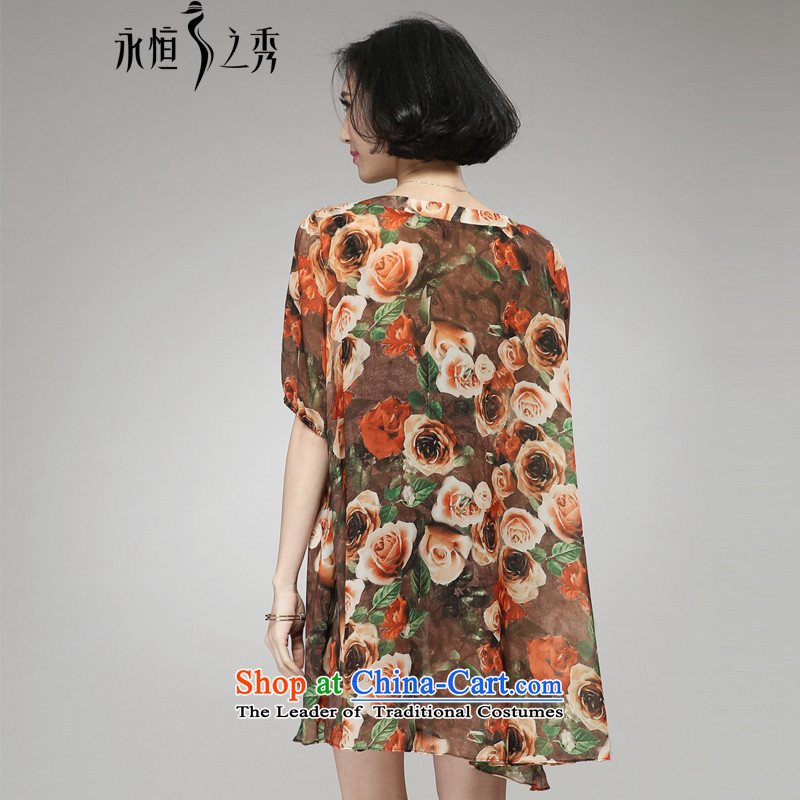 The Eternal Yuexiu Code women's summer dresses thick sister thick, Hin thin 2015 Summer new stylish mm thick iron drilling small V-neck rose stamp skirt orange 2XL, eternal Soo , , , shopping on the Internet