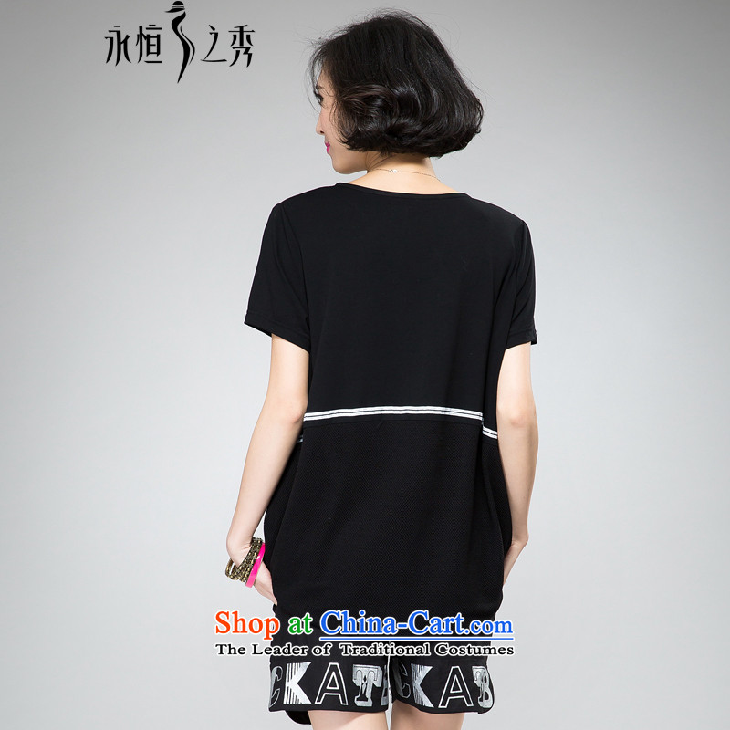 The Eternal Soo-to increase women's code thick mm package thick, Hin thin 2015 Summer new thick sister western personality ironing drill stamp shorts, short-sleeved T-shirt Xl(t black shirt + trousers), the Eternal Soo , , , shopping on the Internet