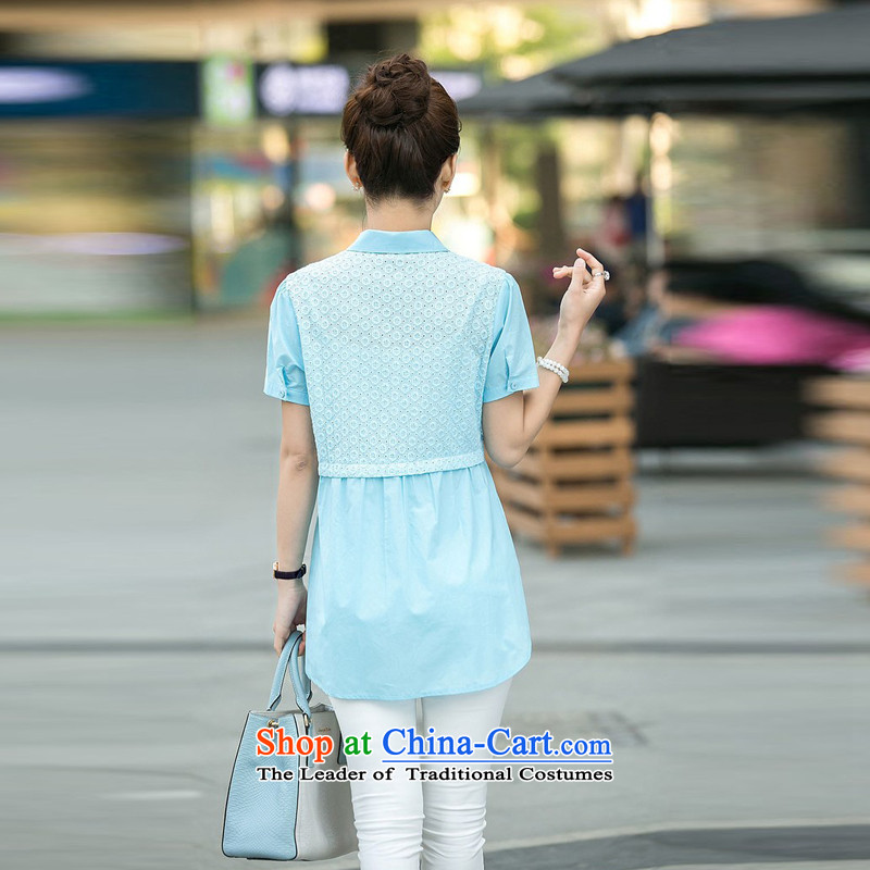 El-ju Yee Nga 2015 Summer new thick sister video thin stitching Korean short-sleeved shirt with large blue , L'Ju YY5568 Yee Nga shopping on the Internet has been pressed.