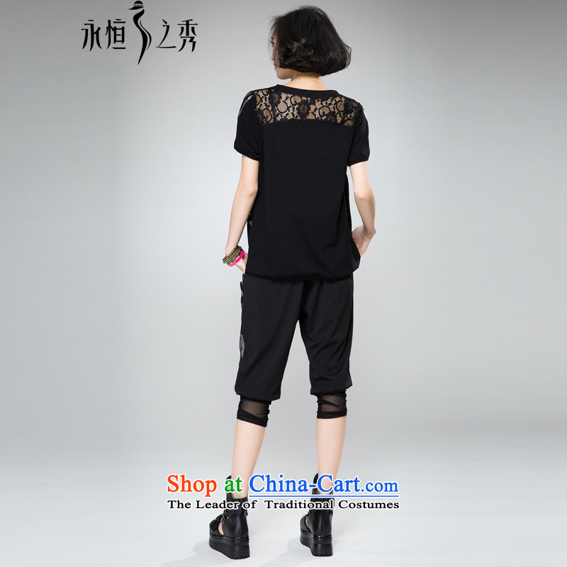 The eternal summer Sau 2015 mm thick new larger female streaks personality lace stamp graphics thin short-sleeved Sports & Leisure package 3XL(T black shirt + trousers), the Eternal Soo , , , shopping on the Internet