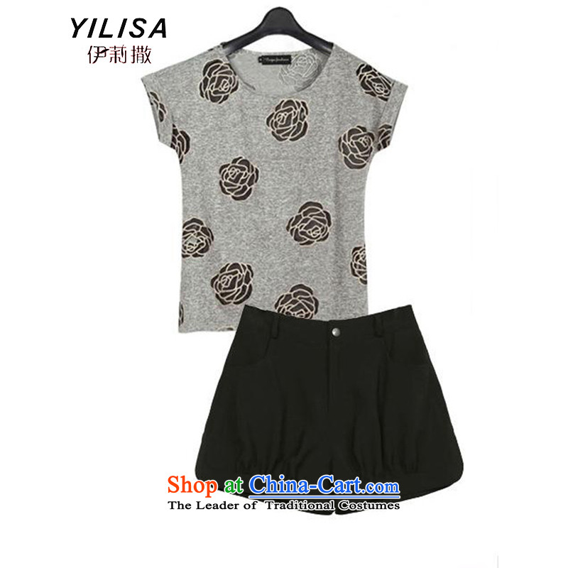 Large European and American women YILISA replace Mr Ronald t-shirts shorts packaged New mm thick and stylish Rose stamp thin coat chiffon Video Shorts Kit Y9095 flower gray XXXL, Elizabeth (YILISA sub-shopping on the Internet has been pressed.)