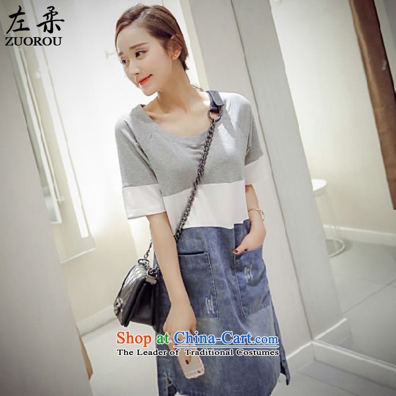Left soft  summer 2015, Korean leisure streaks stitching denim dress in Sau San video thin long short-sleeved light gray skirt S, left soft , , , shopping on the Internet