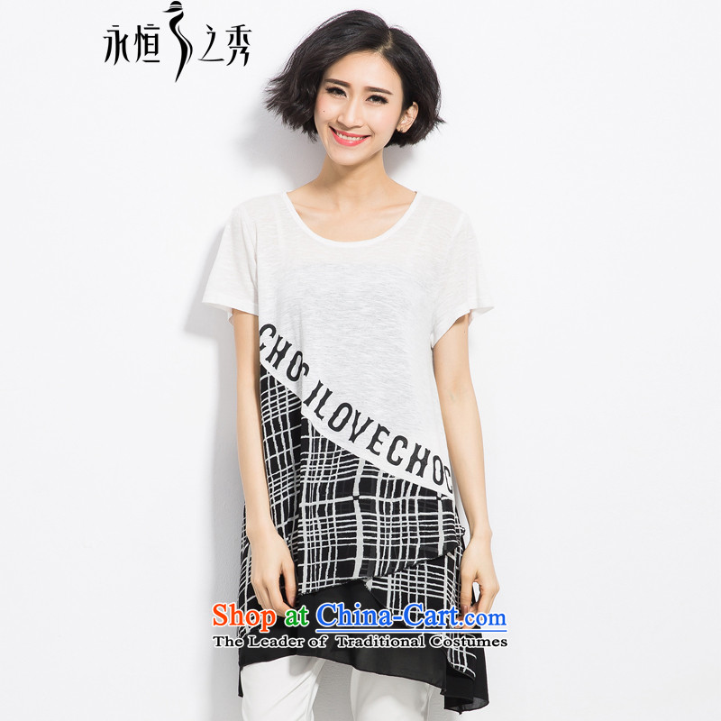 The eternal summer Sau 2015 mm thick coat new larger female European and American letter stamp graphics thin white T-shirt split XL